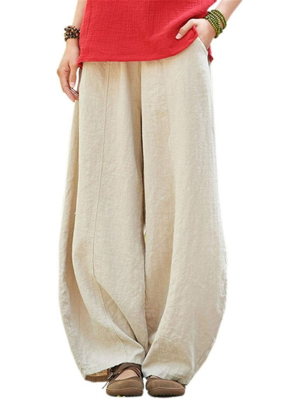 Casual Wide Leg Linen Pants | Boho Relaxed Fit Elastic Waist Trousers for Summer